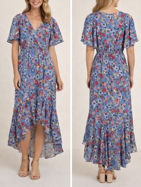 Parker Blue Floral High Low Dress Flutter Sleeve Faux Wrap Lined Size XS